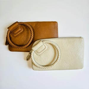 Cartera de mano de piel vegana, clutch minimalista neutro, bolso tipo sobre con cremallera