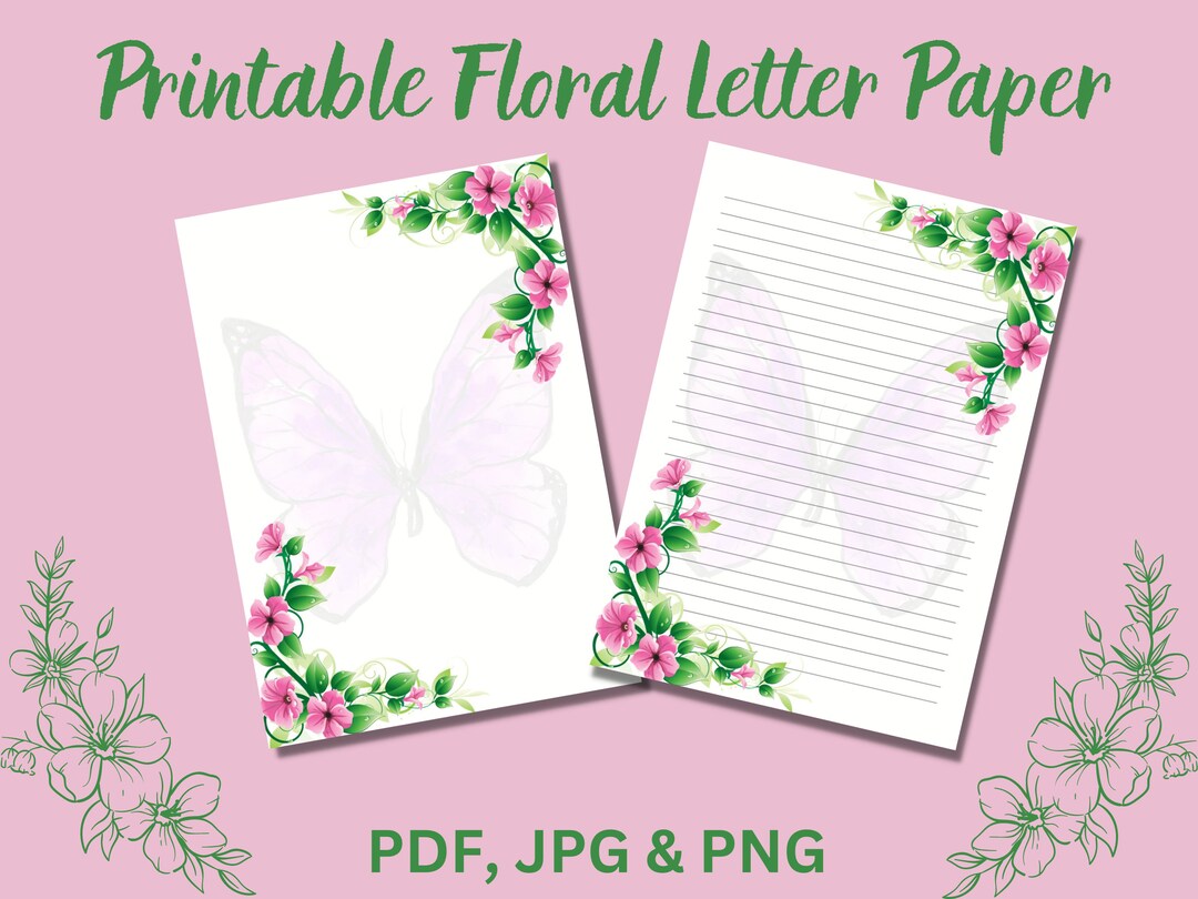 A5 Floral Letter Paper, Printable Writing Paper, Butterfly Printed