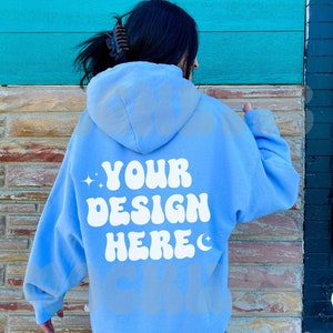 Gildan 18500 Light Blue Back Mockup, Blue Gildan 18500 Mockup, Oversized Hoodie Mockup, Outdoor Mockup, Aesthetic Mockup, Words On Back