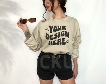 Gildan 18000 Mockup, Gildan Sand Sweatshirt Mockup, 18000 Model Mockup, Oversized Sand Mockup, Outdoor Mockup, Beach Mockup, Sand Crewneck