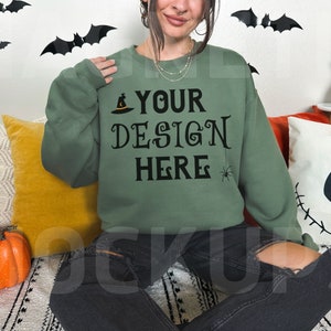 Gildan 18000 Military Green Mockup, Gildan 18000 Halloween Mockup, Green Sweatshirt Mockup, Fall Mockup, Oversized Gildan Crewneck Mock