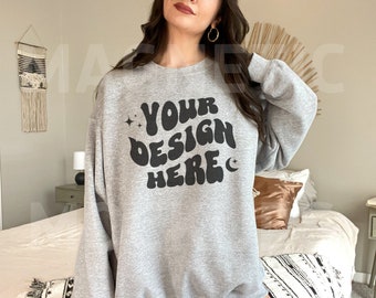 Sport Grey Gildan 18000 Mockup, Gildan Sweatshirt Mockup, Grey Crewneck Mock, Oversized Mockup, Model Mockup, Aesthetic Mock, Lifestyle Mock