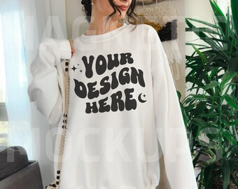 White Gildan 18000 Mockup, Gildan Crewneck Mockup, White Sweatshirt Mockup, Oversized Hoodie Mockup, Model Mockup, Trendy Mockup, Lifestyle