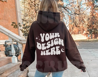 Dark Chocolate Gildan 18500 Back Mockup, Brown Gildan 18500 Mockup, Oversized Hoodie Mockup, Outdoor Mockup, Aesthetic Mockup, Words On Back