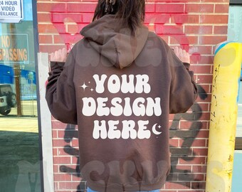 Dark Chocolate Gildan 18500 Back Mockup, Brown Gildan 18500 Mockup, Oversized Hoodie Mockup, Outdoor Mockup, Aesthetic Mockup, Words On Back