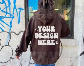 Dark Chocolate Gildan 18500 Back Mockup, Brown Gildan 18500 Mockup, Oversized Hoodie Mockup, Outdoor Mockup, Aesthetic Mockup, Words On Back