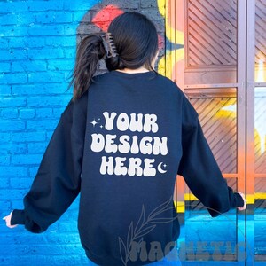 Black Gildan 18000 Mockup, Gildan Back Sweatshirt Mockup, Black Crewneck Mock, Oversized Mock, Outdoor Mock, Aesthetic Mockup, Words On Back