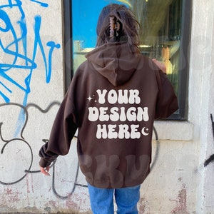 Dark Chocolate Gildan 18500 Back Mockup, Brown Gildan 18500 Mockup, Oversized Hoodie Mockup, Outdoor Mockup, Aesthetic Mockup, Words On Back