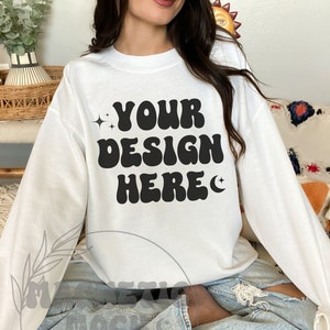 White Gildan 18000 Mockup, Gildan Sweatshirt Mockup, White Crewneck Mockup, Oversized Hoodie Mockup, Model Mockup, Trendy Mockup, Boho Mock