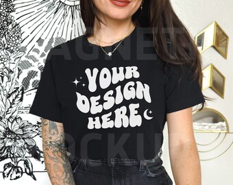 Black Bella Canvas 3001 Mockup, Bella Canvas Mockup, Schwarz TShirt Mockup, BC 3001 Schwarz, Modell Mockup, Trendy Mockup, Aesthetic Mockup, Boho