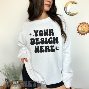 White Gildan 18000 Mockup, Gildan Sweatshirt Mockup, White Crewneck Mockup, Oversized Hoodie Mockup, Model Mockup, Trendy Mockup, Boho Mock