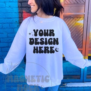 White Gildan 18000 Mockup, Gildan Sweatshirt Mockup, White Crewneck Mockup, Oversized Mockup, Outdoor Mock, Aesthetic Mock, Lifestyle Mock