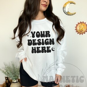 White Gildan 18000 Mockup, Gildan Sweatshirt Mockup, White Crewneck Mockup, Oversized Hoodie Mockup, Model Mockup, Trendy Mockup, Boho Mock