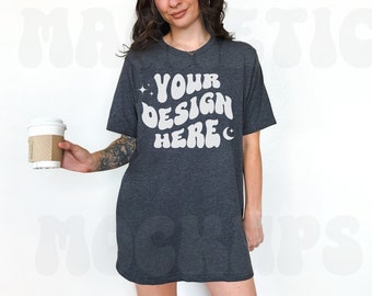 Dark Gray Heather Bella Canvas 3001 Mockup, Bella Canvas Mockup, BC 3001 Dark Gray Heather, Oversized Mockup, Model Mockup, Trendy Mockup