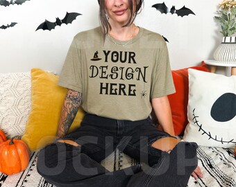 Bella Canvas 3001 Heather Olive Mockup, 3001 Halloween Mockup, Heather Olive Tshirt Mockup, Fall Shirt Mockup, Bella Canvas Halloween Mockup