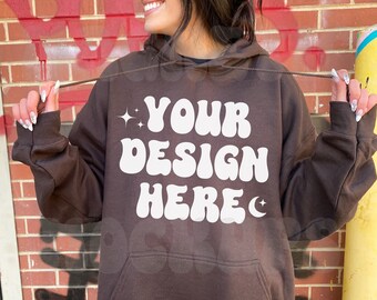 Gildan 18500 Dark Chocolate Mockup, Gildan Sweatshirt Mockup, Oversized Hoodie Mockup, Trendy Outdoor Mock, Aesthetic Mockup, Lifestyle Mock