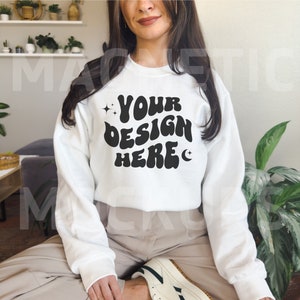 Gildan 18000 White Crewneck Sweatshirt Mockup, Oversized White Sweatshirt Mockup, Trendy Mock, Model Mockup, Aesthetic Mockup, Lifestyle