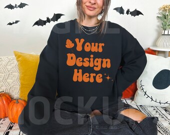 Black Gildan 18000 Mockup, 18000 Halloween Mockup, 18000 Black Mockup, Gildan Black Sweatshirt Mockup, Oversized Sweatshirt Mockup, Trendy