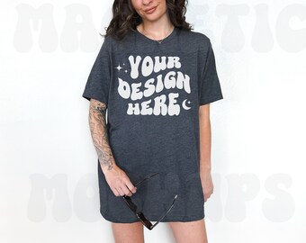 Bella Canvas 3001 Dark Gray Heather Mockup, Bella Canvas Mockup, Dark Grey TShirt Mockup, Oversized Mockup, BC 3001 Dark Gray Heather, Boho