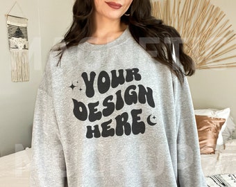 Sport Grey Gildan 18000 Mockup, Gildan Sweatshirt Mockup, Grey Crewneck Mock, Oversized Mockup, Model Mockup, Aesthetic Mock, Lifestyle Mock