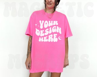 Comfort Colors C1717 Neon Pink Mockup, Oversized Tshirt Mockup, Neon Pink Mockup, Model Mockup, Trendy Mock, Neon Pink Colored Shirt, Studio