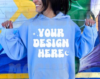 Gildan 18500 Light Blue Mockup, Gildan 18500 Model Mockup, Oversized Hoodie Mockup, Trendy Outdoor Mock, Aesthetic Mockup, Lifestyle Mock