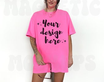 Neon Pink Comfort Colors C1717 Mockup, Comfort Colors Mockup, Oversized TShirt Mockup, Neon Pink Shirt Mockup, Trendy Mock, Aesthetic Mockup