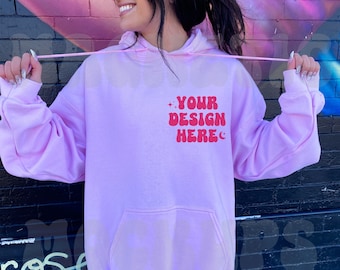 Gildan 18500 Light Pink Mockup, Gildan 18500 Model Mockup, Oversized Hoodie Mockup, Trendy Outdoor Mock, Aesthetic Mockup, Lifestyle Mock