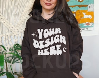Gildan 18500 Dark Chocolate Mockup, Gildan Sweatshirt Mockup, Oversized Brown Hoodie Mockup, Trendy Mock, Aesthetic Mockup, Lifestyle Mock