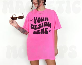 Comfort Colors C1717 Neon Pink Mockup, Oversized Tshirt Mockup, Neon Pink Mockup, Model Mockup, Trendy Mock, Neon Pink Colored Shirt, Studio