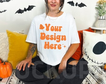 Weißes Comfort Colors C1717 Mockup, Comfort Colors weißes Halloween Mockup, übergroßes TShirt Mockup, weißes Shirt Mockup, Herbst Mockup, Herbst