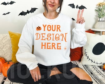 Gildan 18000 White Mockup, Gildan 18000 Halloween Mockup, White Sweatshirt Mockup, Fall Mockup, Model Mockup, Oversized Gildan Crewneck Mock