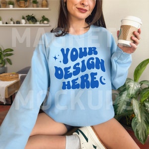Light Blue Gildan 18000 Mockup, Gildan Sweatshirt Mockup, Blue Crewneck Mock, Oversized Mockup, Model Mockup, Aesthetic Mock, Lifestyle Mock