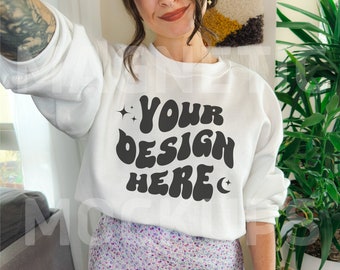 White Gildan 18000 Mockup, Gildan Crewneck Mockup, White Sweatshirt Mockup, Oversized Hoodie Mockup, Model Mockup, Trendy Mockup, Lifestyle
