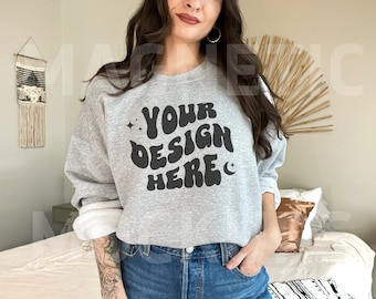 Sport Grey Gildan 18000 Mockup, Grey Sweatshirt Mockup, Gildan Crewneck Mock, Oversized Mockup, Model Mockup, Aesthetic Mock, Lifestyle Mock