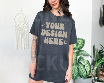 Bella Canvas 3001 Dark Gray Heather Mockup, Bella Canvas Mockup, Dark Grey TShirt Mockup, Oversized Mockup, BC 3001 Dark Gray Heather, Boho