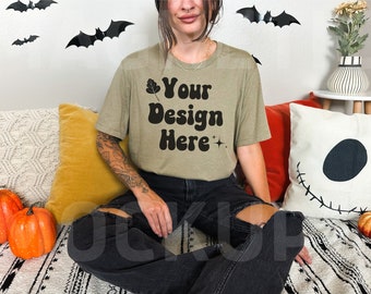 Bella Canvas 3001 Heather Olive Mockup, 3001 Halloween Mockup, Heather Olive Tshirt Mockup, Fall Shirt Mockup, Bella Canvas Halloween Mockup