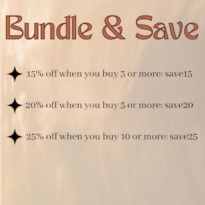 May include: A graphic with the text "Bundle & Save" and a list of discounts for buying multiple items. The discounts are: 15% off when you buy 3 or more, 20% off when you buy 5 or more, and 25% off when you buy 10 or more.