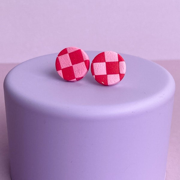 Checkerboard earrings, pink stud earrings, Lightweight earrings, Small studs, pink checkerboard, polymer clay earrings, fall accessories