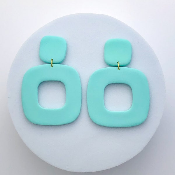 Basic solid square dangle earring, bright summer jewelry, lightweight handmade earrings, aqua blue clay earring, light blue earring, for her