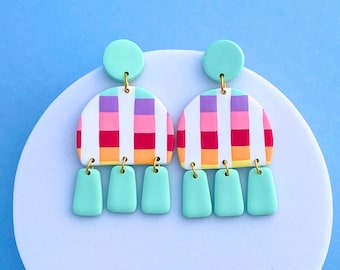 Multi Color Dangle and Drop Modern Polymer Clay Bold Statement Earrings, Spring Earrings, Cute Colorful Earrings, Clay Rainbow Earrings