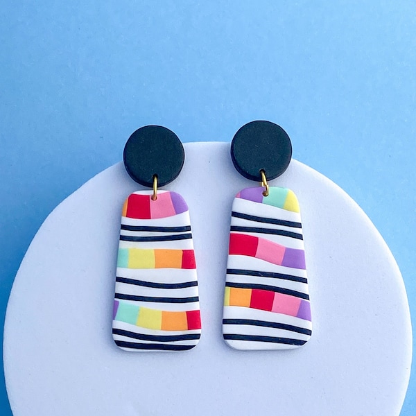 Rainbow Black and White Polymer Clay Dangle and Drop Earrings for Spring and Summer, Lightweight Jewelry, Teacher Gift, Handmade Earrings