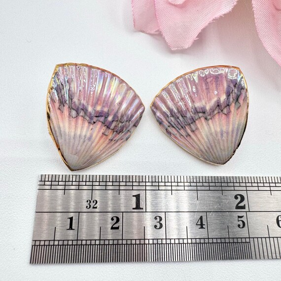 Vintage Handmade Ceramic Shell Stud Earrings Irid… - image 6