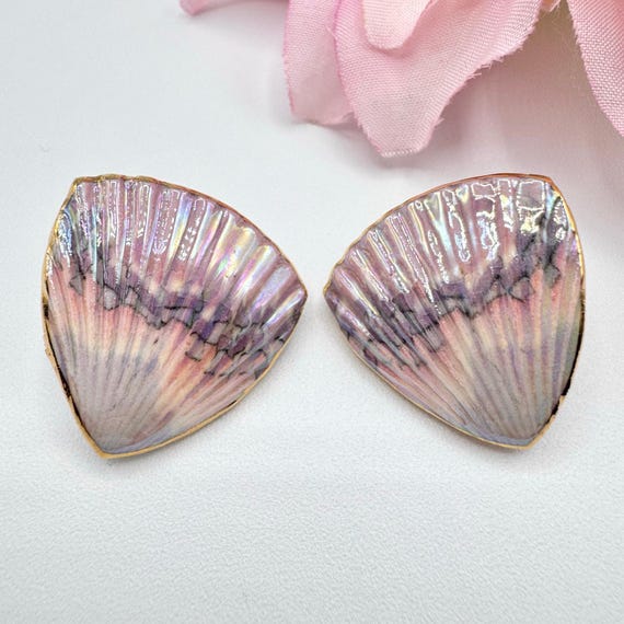 Vintage Handmade Ceramic Shell Stud Earrings Irid… - image 1