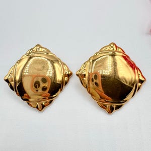 Vintage 90s Monet Shiny Gold Tone Diamond Shape Earrings Runway Statement Signed