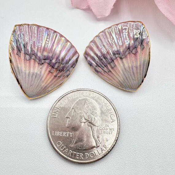 Vintage Handmade Ceramic Shell Stud Earrings Irid… - image 5