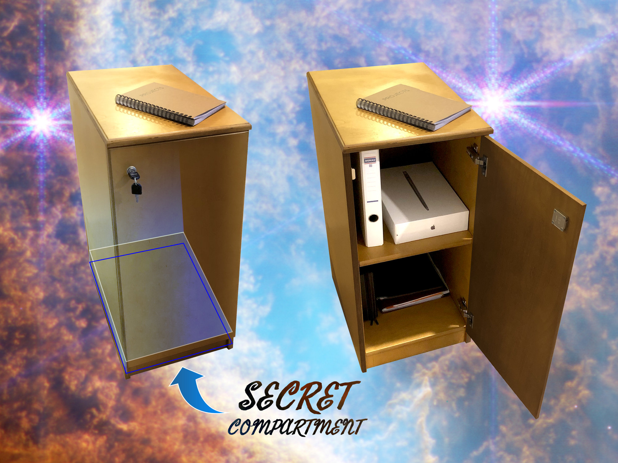 Cabinet with a secret compartment and lock