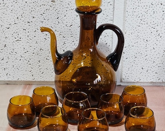 Decanter and cup, Vintage MCM Handblown Amber Glass Decanter and Cordial Set, carafe and 8 amber glass cups.