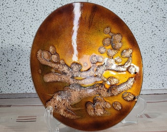 enamel on copper. tray with plastic support, enamelled copper dish.