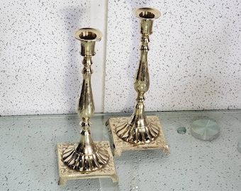 Antique Pair of hand-engraved brass candlesticks; Vintage pair candelabras in brass.